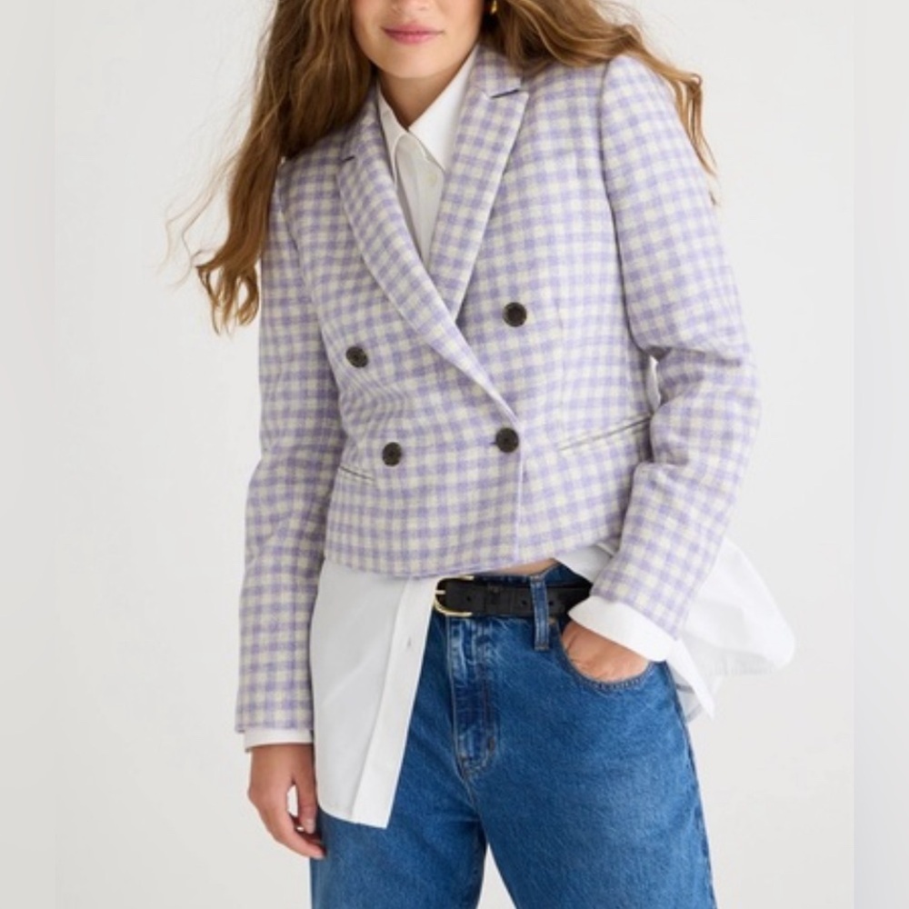 Lilac Gingham Double-Breasted Cropped Blazer - Women
